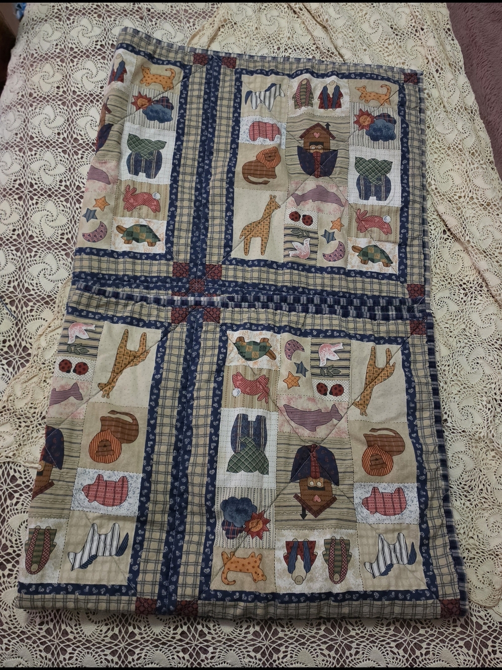 Vintage Patchwork Quilt with Blue, Cream & Pink Accents